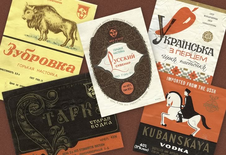 A Szovjetunió különböző vodkáinak címkéi